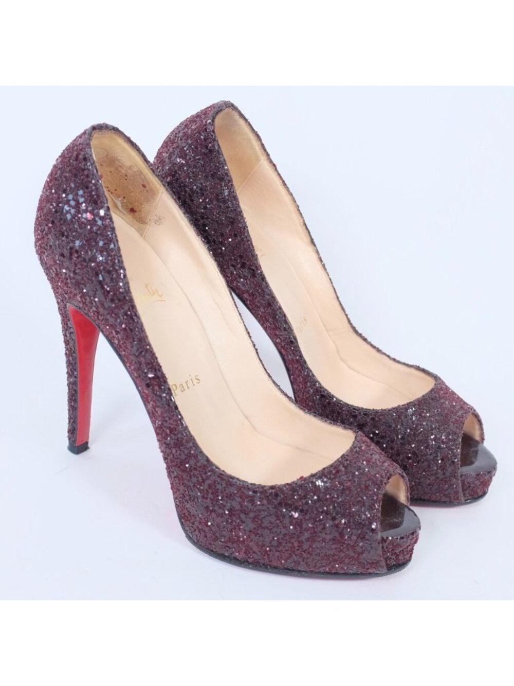 Christian Louboutin 37.5 US 7.5 Shoes Pumps Open Toe Platform Glitter Wine